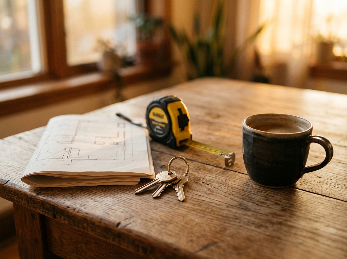 Close-up of house keys and paperwork on a table showing house keys, folded site plan, tape measure, coffee cup.