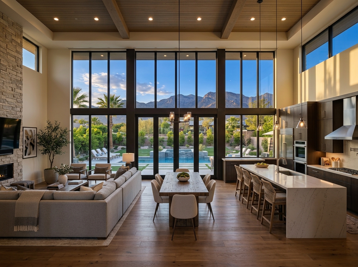 Interior of a Las Vegas home showing open-concept great room and kitchen with island, bar seating, sectional sofa, dining table, tall windows facing a Las Vegas backyard and mountain view.