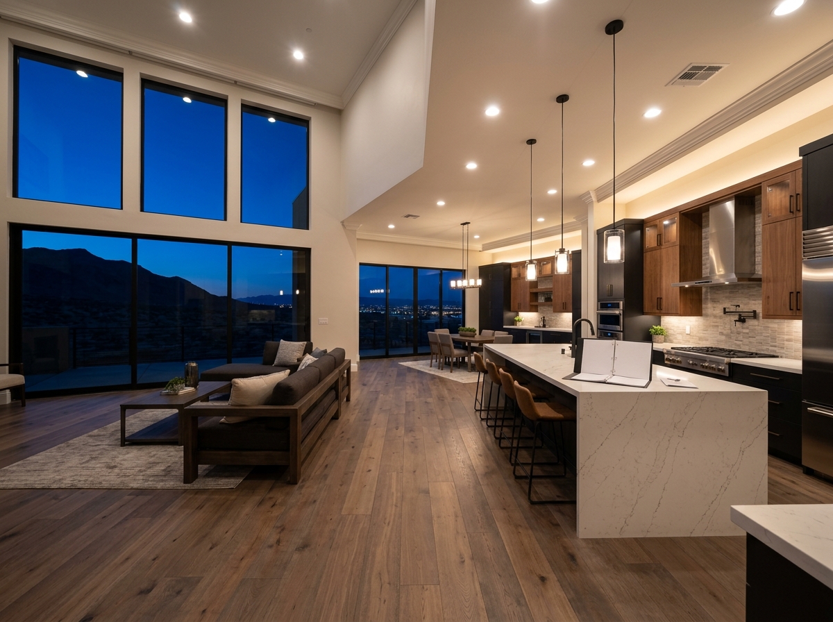 Interior of a Las Vegas home showing open great room, kitchen island, tall windows, new construction finishes, builder upgrade tags/spec sheet on counter.