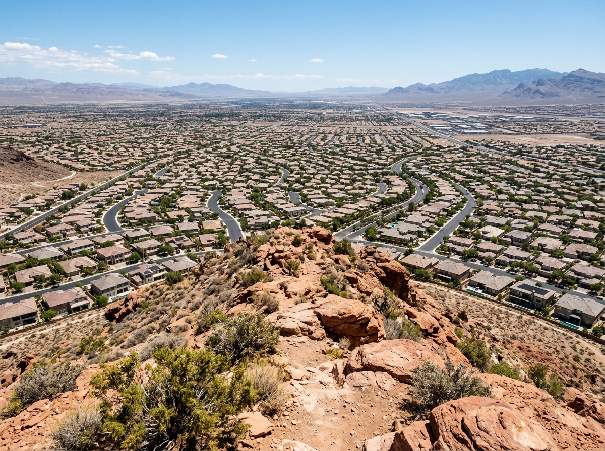 View from a Southern Nevada ridge across the valley showing rocky ridge overlook, red sandstone outcrops, creosote bushes, distant Henderson luxury home rooftops, gated community streets, valley floor sprawl.
