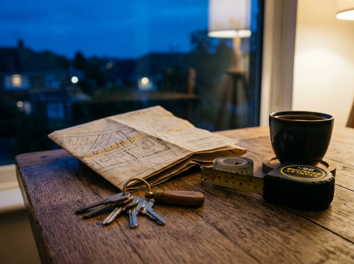 Close-up of house keys and paperwork on a table showing house keys, folded site plan, tape measure, coffee cup.