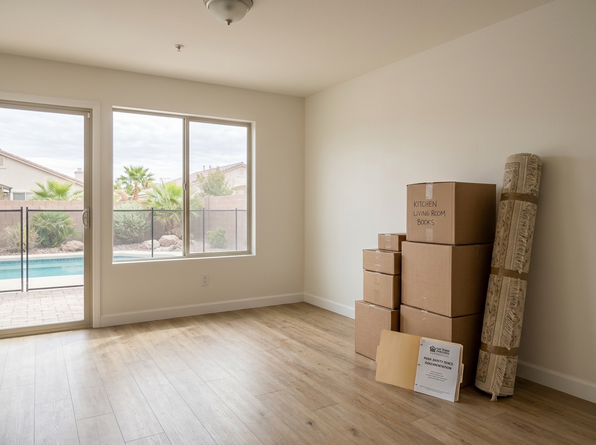 Empty room in a Las Vegas home on move-in day showing stacked cardboard boxes, rolled rug, bare wall, pool safety fence paperwork folder.
