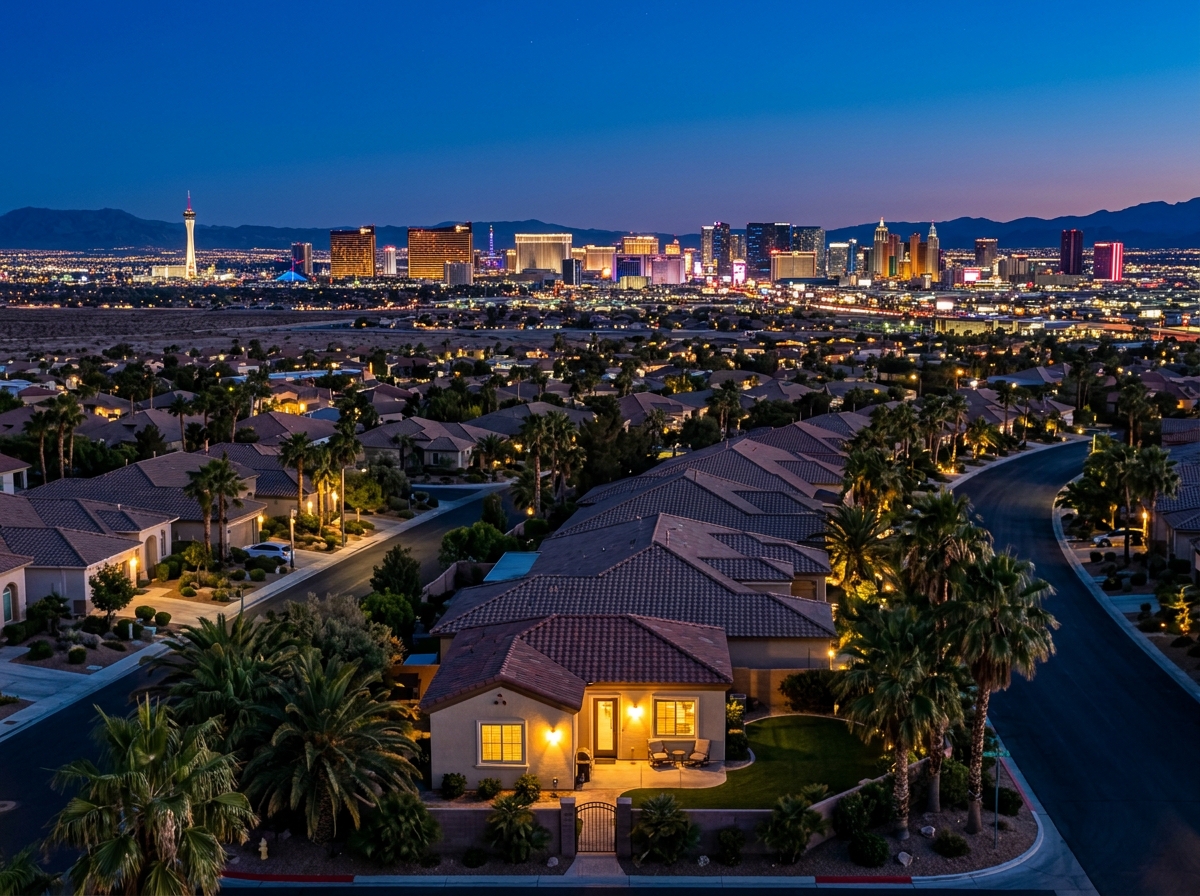 The Las Vegas skyline seen across the valley, showing detached backyard casita with separate entrance, low-rise residential rooftops, palm trees, distant Strip and downtown high-rise towers.