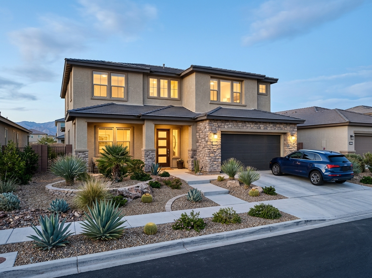 Front exterior of a Las Vegas home showing Las Vegas single-family home with stucco and stone facade, driveway, parked car, gravel-and-agave landscaping.