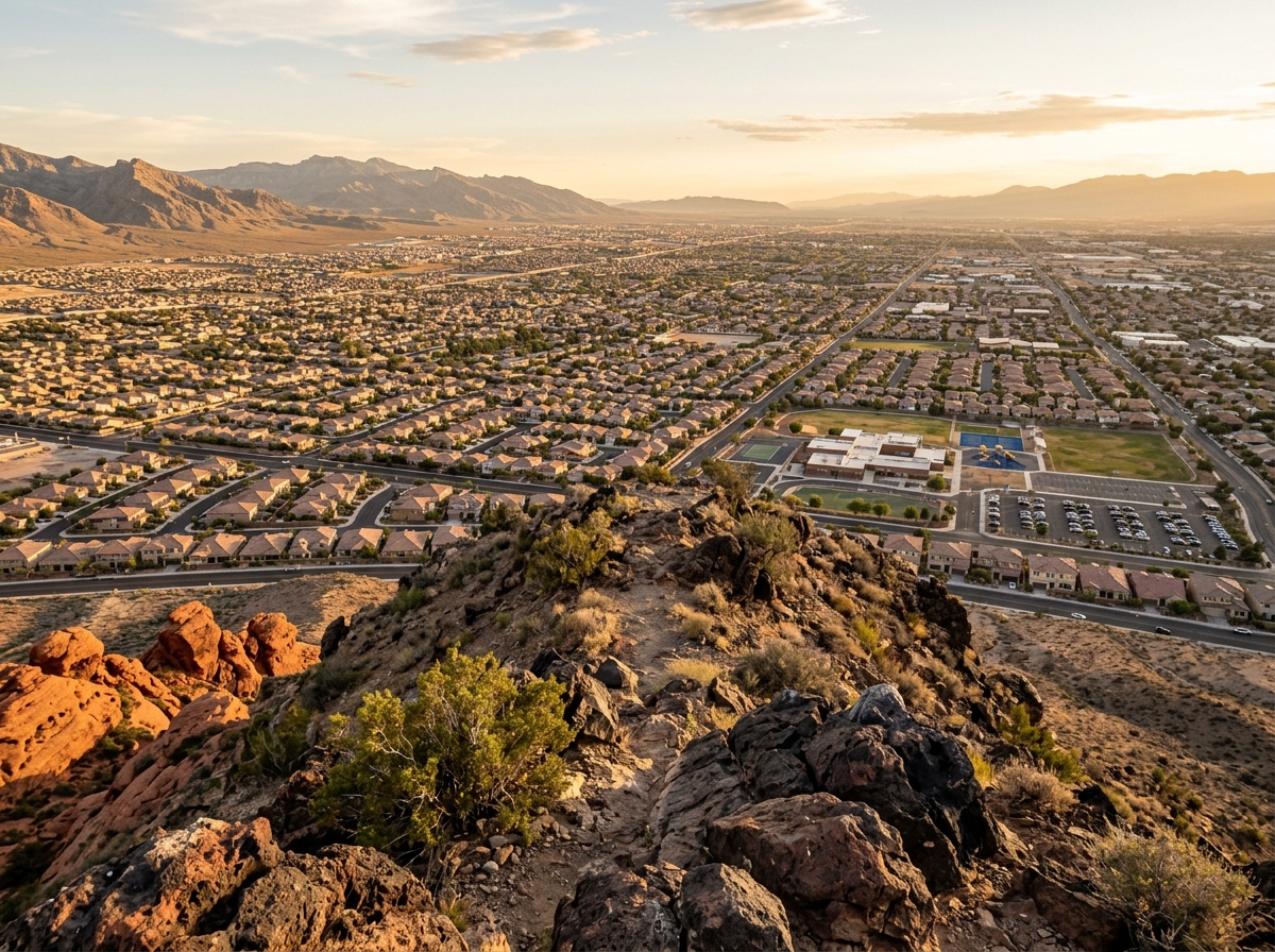 View from a Southern Nevada ridge across the valley showing sprawling suburban rooftops, housing tracts, and neighborhood streets with schools and parking lots visible across the valley floor.