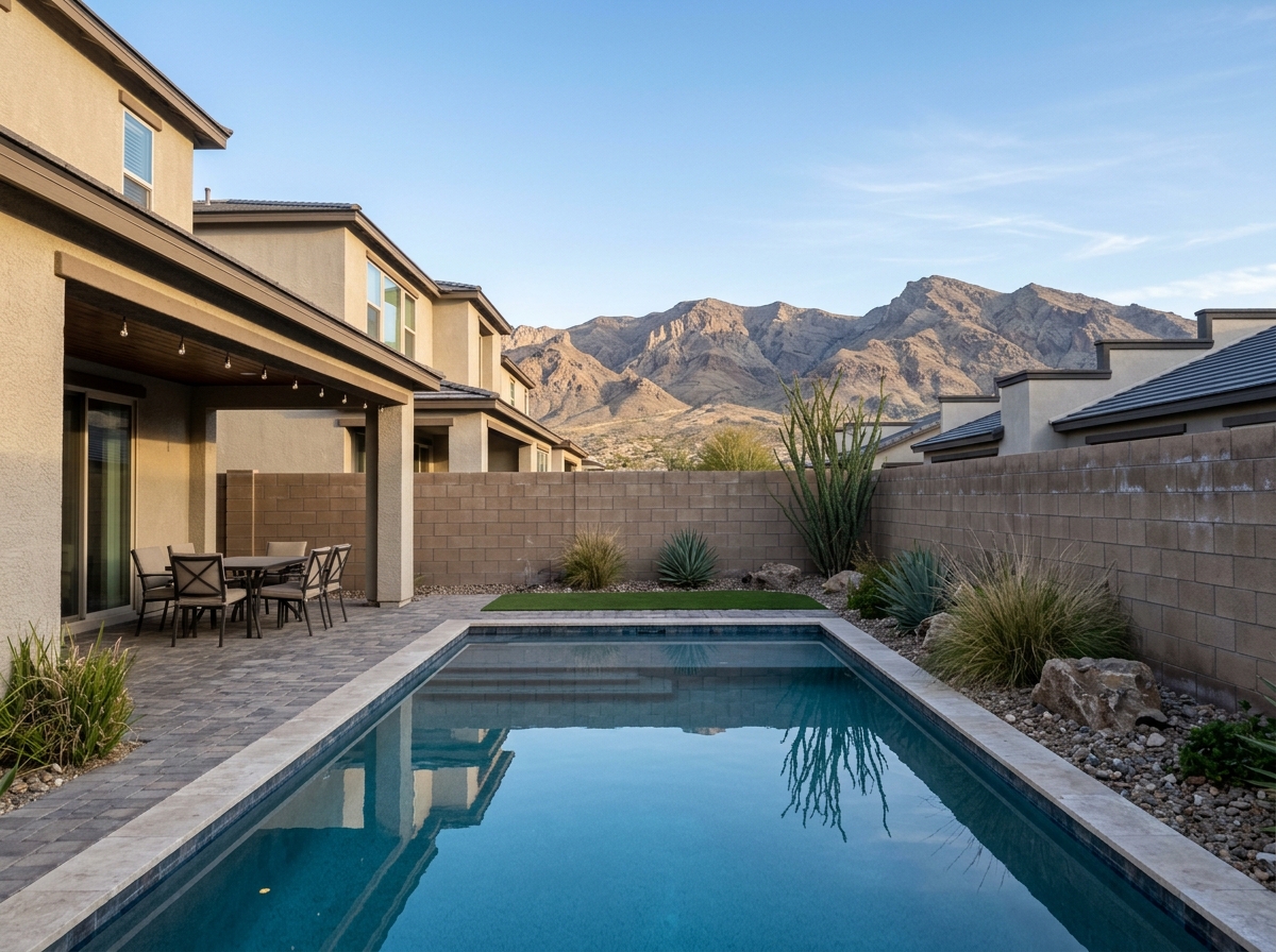 Backyard of a Las Vegas home showing attached townhome patio and small yard, shared block wall, neighboring rooflines, pool, desert mountains.