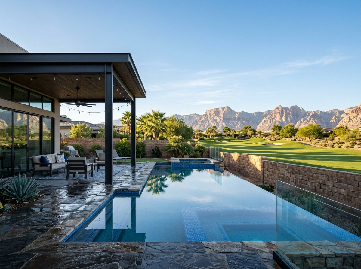 Backyard of a Las Vegas home showing negative-edge pool, covered patio with steel beams, glass pool fence, view block wall, golf course fairway, desert mountain backdrop.