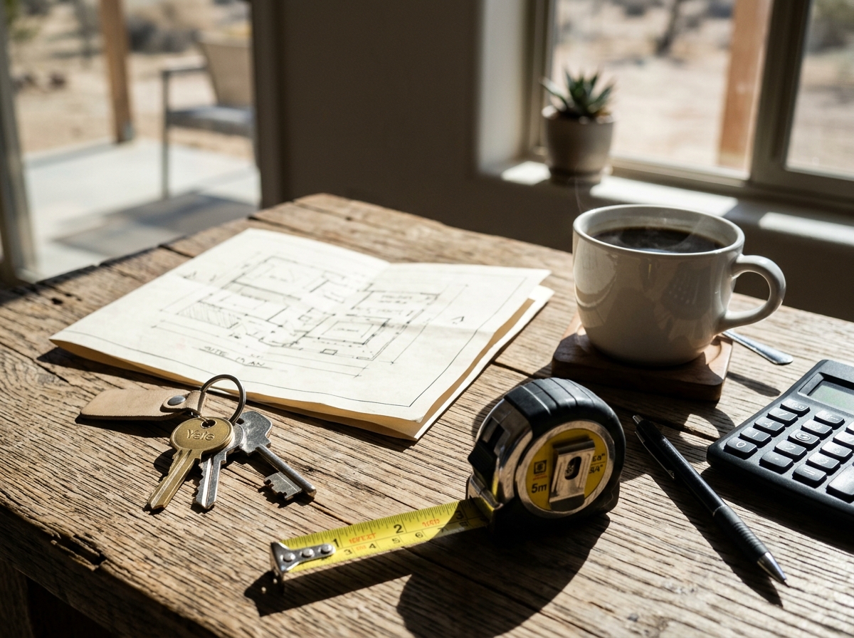 Close-up of house keys and paperwork on a table showing house keys, folded site plan, tape measure, coffee cup, calculator, pen.