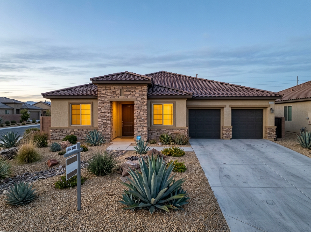 Front exterior of a Las Vegas home showing single-story Las Vegas home, stucco and stone front elevation, tile roof, driveway, gravel-and-agave xeriscaping, for-sale sign.