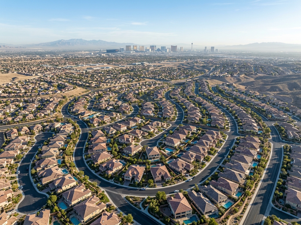 Aerial view over a Las Vegas valley neighborhood showing curving suburban streets, tile rooftops, luxury homes with pools, distant Strip skyline.