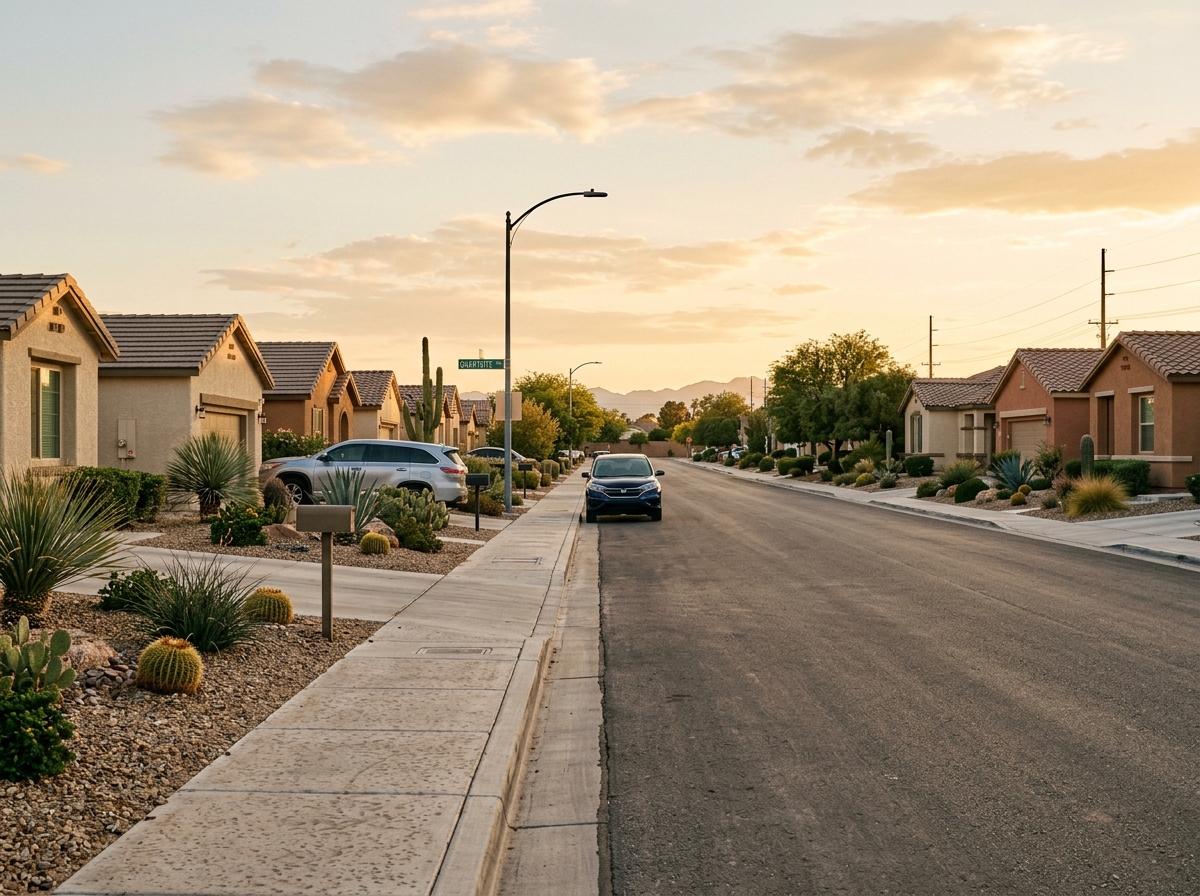 Street-level view along a Las Vegas residential street showing single-story desert homes, xeriscaped front yards with gravel and cacti, driveways with parked cars, sidewalk, street signage.