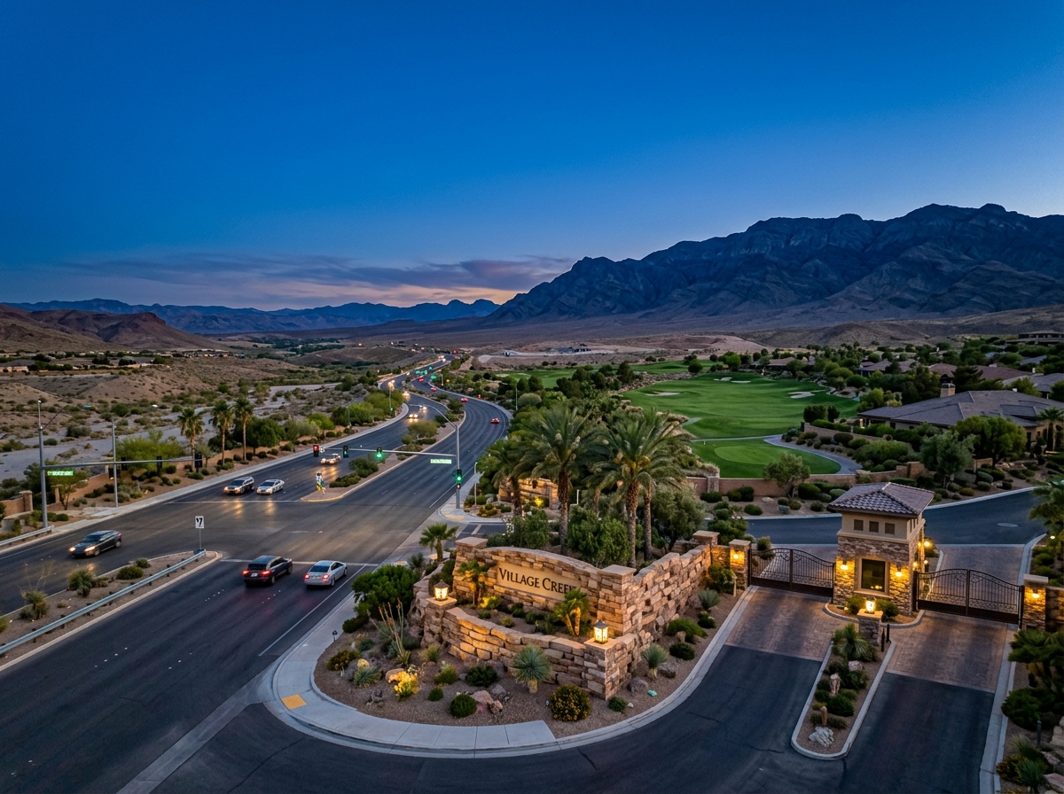 A Southern Nevada roadway showing guard-gated golf course community entrance monument, decorative gatehouse, stacked stone walls, palm and desert landscaping along the arterial road frontage, distant golf course fairways and clubhouse rooftops, mountain backdrop.