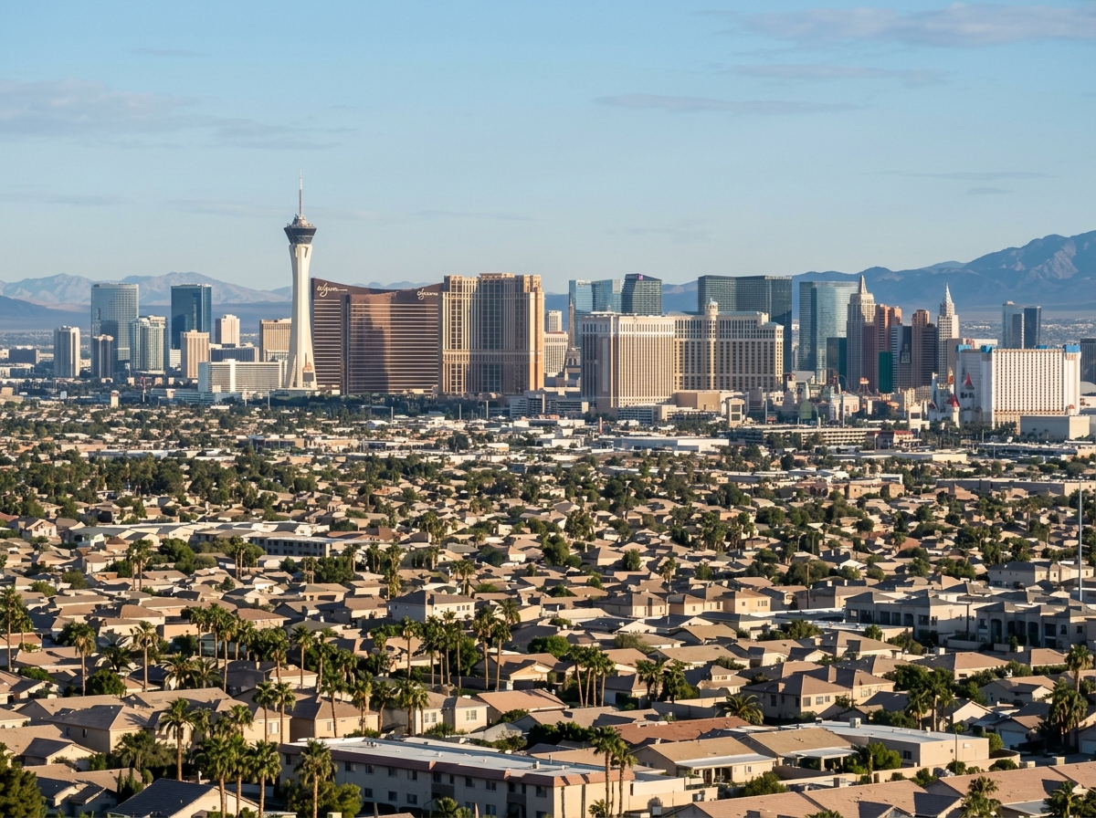 The Las Vegas skyline seen across the valley, showing Las Vegas Strip skyline and downtown high-rise towers, mid-valley residential rooftops, palm trees.