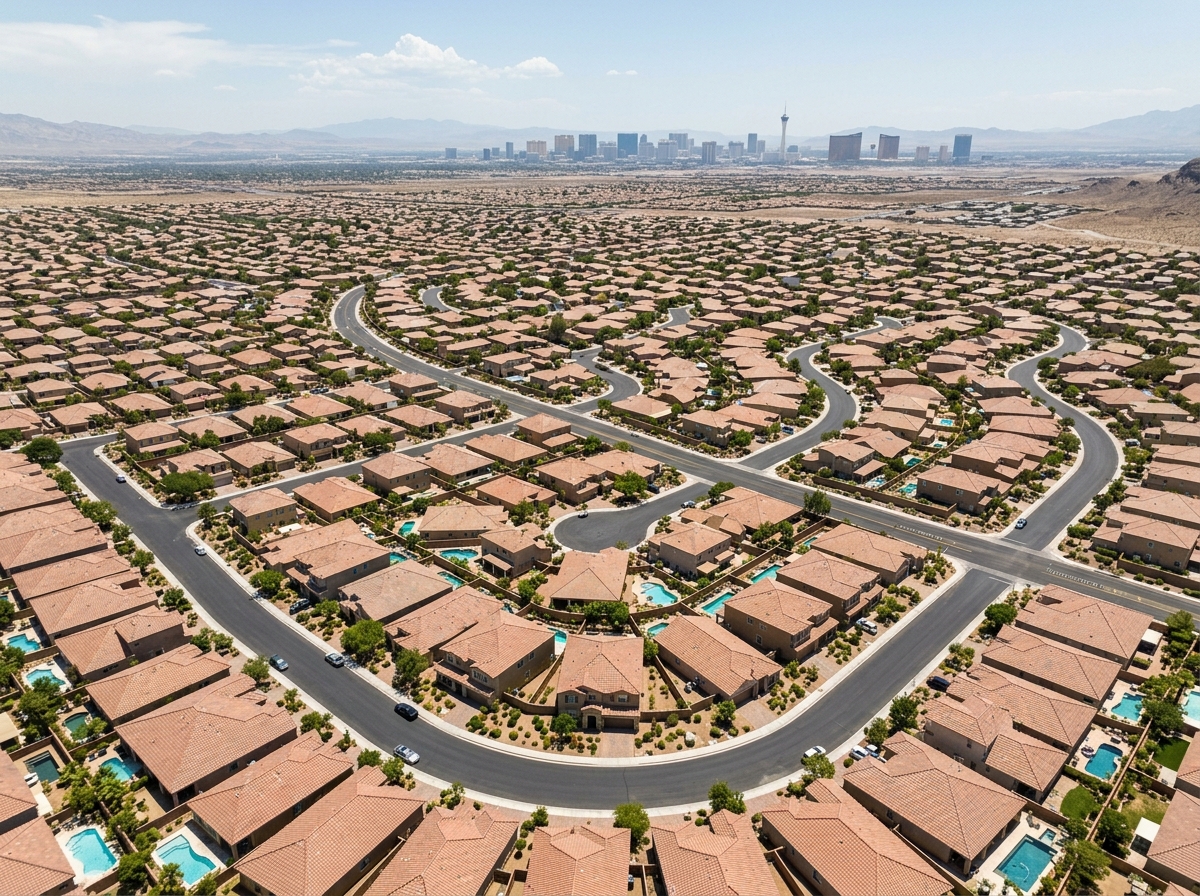 Aerial view over a Las Vegas valley neighborhood showing tile rooftops, curving suburban streets, backyard pools, desert-xeriscape front yards, red-tile roof clusters, distant Strip skyline.