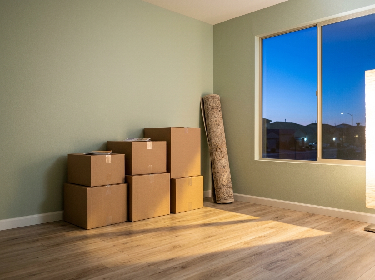 Empty room in a Las Vegas home on move-in day showing cardboard moving boxes, rolled area rug, bare wall, desert-landscaping brochure, xeriscape plant catalog on top box.