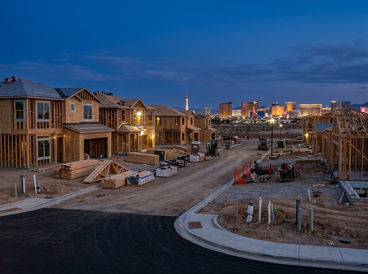 New-home construction site in Las Vegas showing timber-framed houses, graded building pads, stacked lumber and construction materials, street with fresh curbs and utility stubs, Las Vegas Strip skyline in background.
