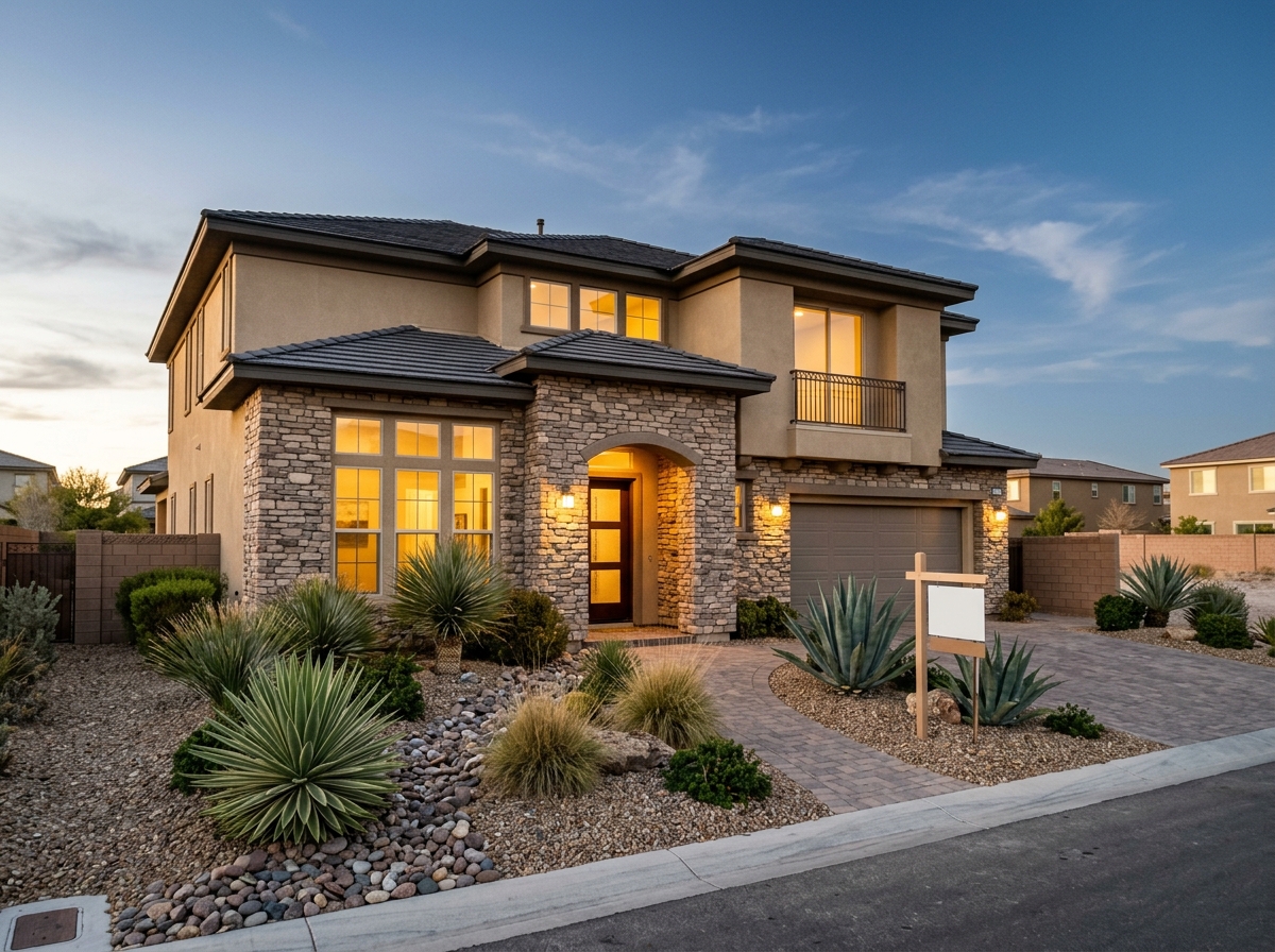 Front exterior of a Las Vegas home showing stucco and stone two-story home, paver driveway, desert xeriscape with agave and gravel, tile roof, builder yard sign.