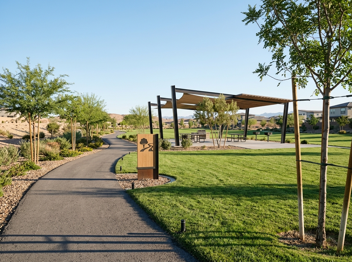 Community amenity in a Las Vegas master-planned neighborhood showing shade structure, park lawn, walking trail, young desert trees, HOA amenity signage, irrigation heads.