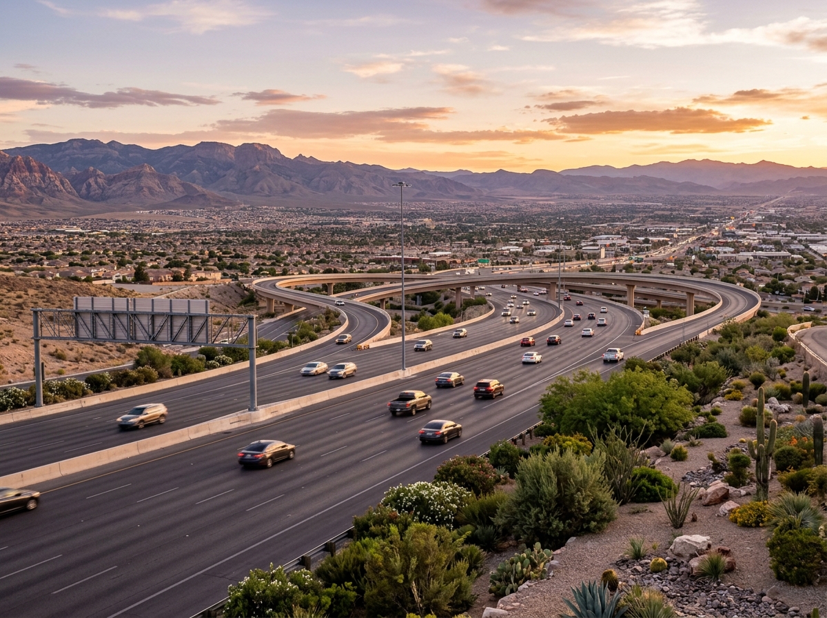 A Southern Nevada roadway showing multi-lane freeway interchange with directional signage, desert shoulder landscaping, distant mountain range, open valley sprawl.