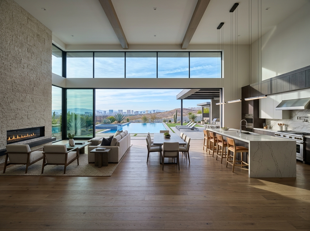 Interior of a Las Vegas home showing open-concept great room and kitchen with waterfall-edge island, floor-to-ceiling glass wall, linear fireplace, wide-plank flooring, contemporary pendant lighting, and backyard pool beyond.