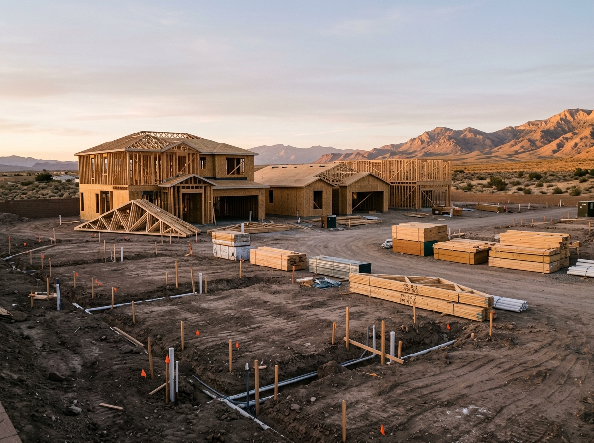 New-home construction site in Las Vegas showing timber-framed houses, graded building pads, staked lot markers, utility trenches, stacked lumber and roof trusses, desert scrub backdrop, distant northwest Las Vegas mountains.