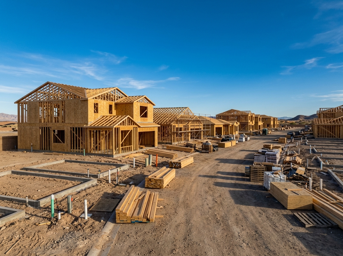 New-home construction site in Las Vegas showing timber-framed houses, graded building pads, lumber stacks, construction pallets, unpaved access roads, utility stub-outs.