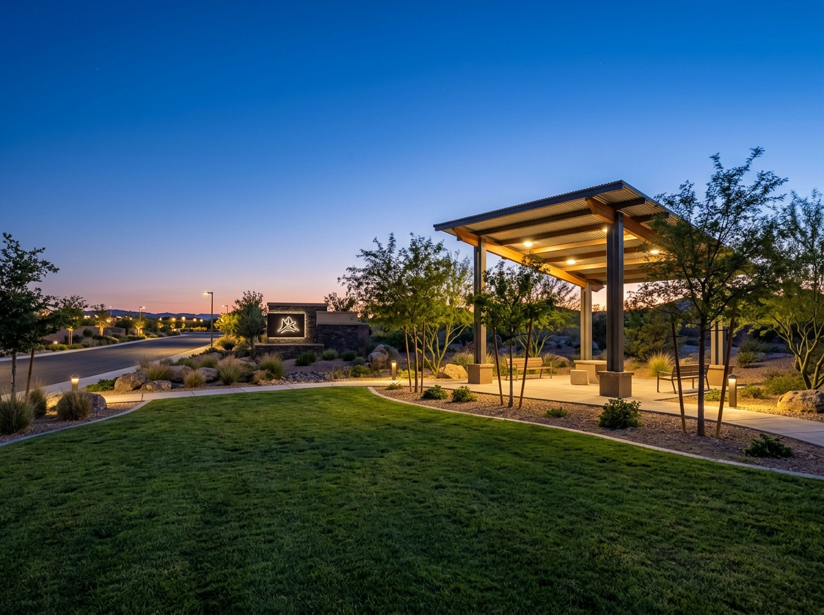 Community amenity in a Las Vegas master-planned neighborhood showing park lawn, shade structure/ramada, walking trail, young desert trees, community entry monument sign.