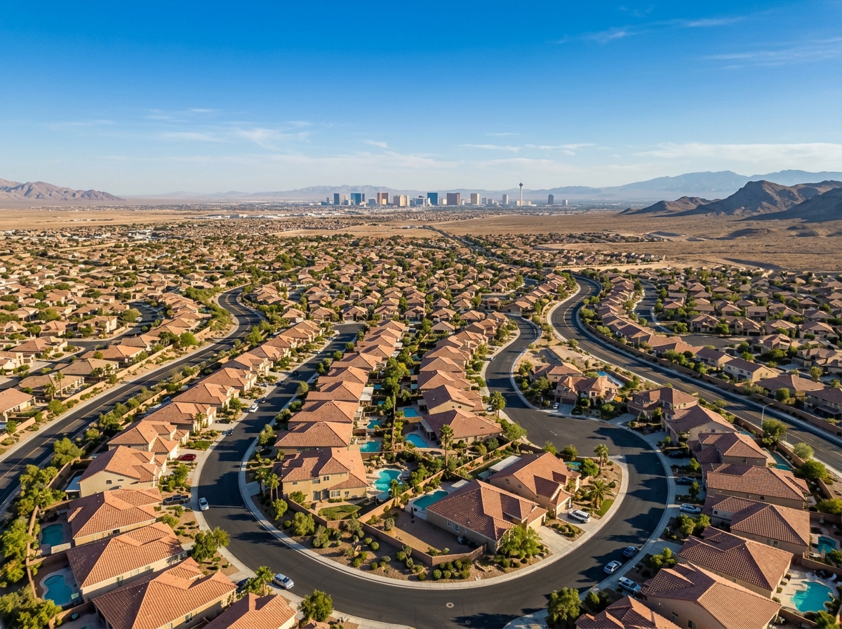 Aerial view over a Las Vegas valley neighborhood showing curving suburban streets, tile rooftops, backyard swimming pools, desert xeriscape landscaping, distant Strip skyline.