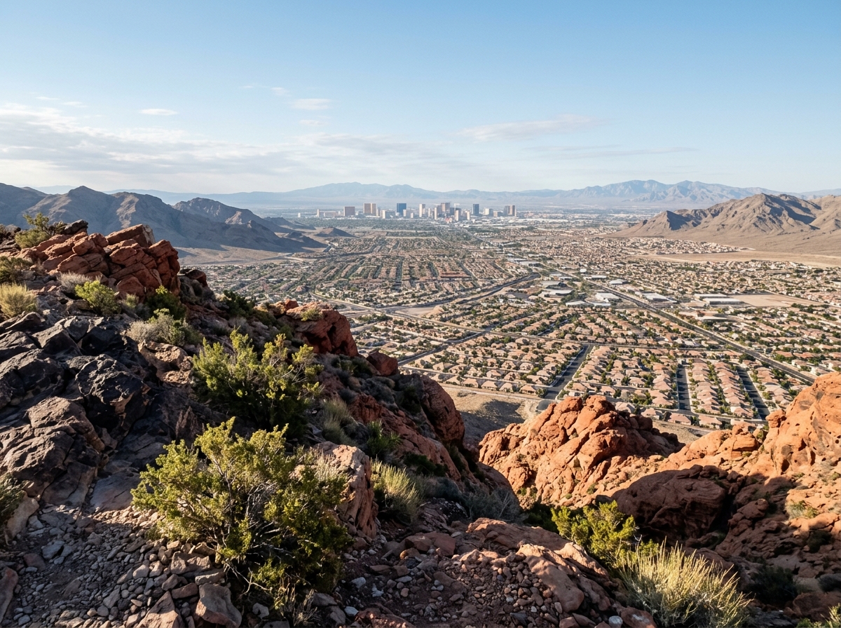 View from a Southern Nevada ridge across the valley showing red sandstone outcrops and creosote bushes in foreground, sprawling Las Vegas valley suburban rooftops and streets below.