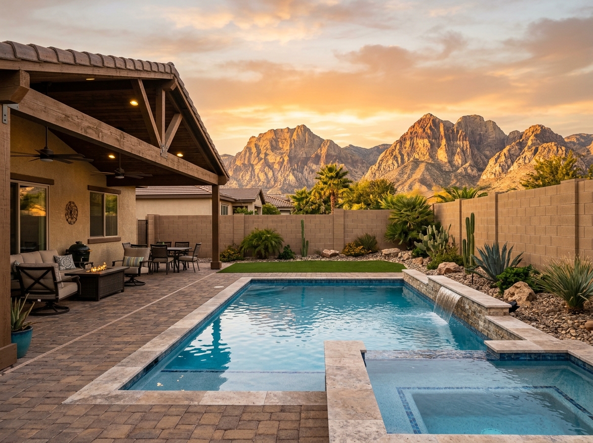 Backyard of a Las Vegas home showing backyard pool, covered patio, block wall, desert mountains.