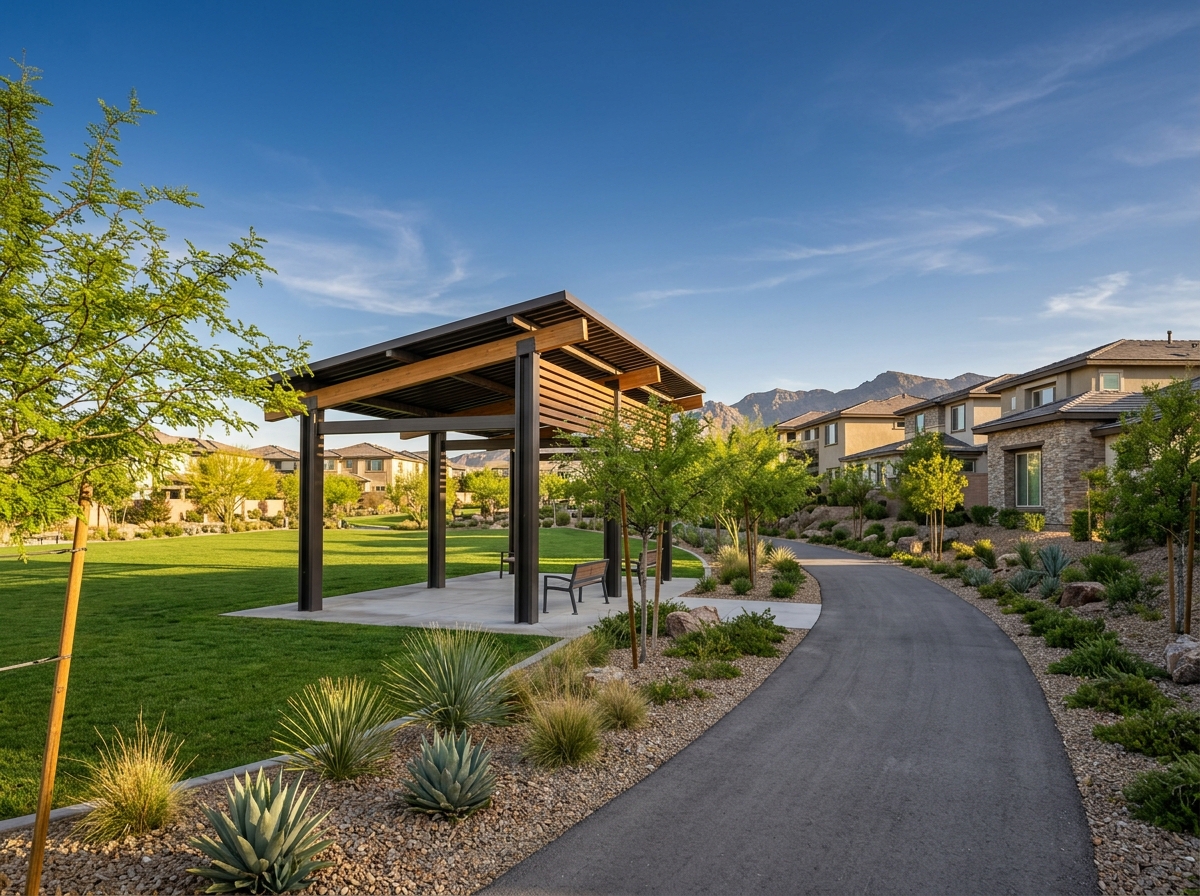Community amenity in a Las Vegas master-planned neighborhood showing park lawn, shade structure, walking trail, desert trees, master-planned community homes.