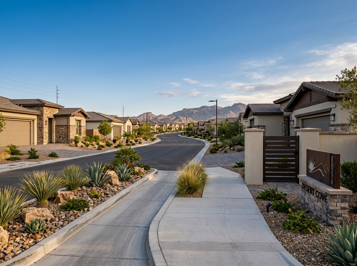 Street-level view along a Las Vegas residential street showing single-story new-construction homes, gated entry wall and monument sign, desert xeriscape landscaping, paver driveways, sidewalk.