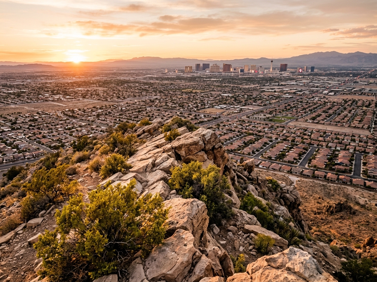 View from a Southern Nevada ridge across the valley showing rocky desert ridge overlook with sandstone and creosote bushes, sprawling Las Vegas valley suburban rooftops and streets below.