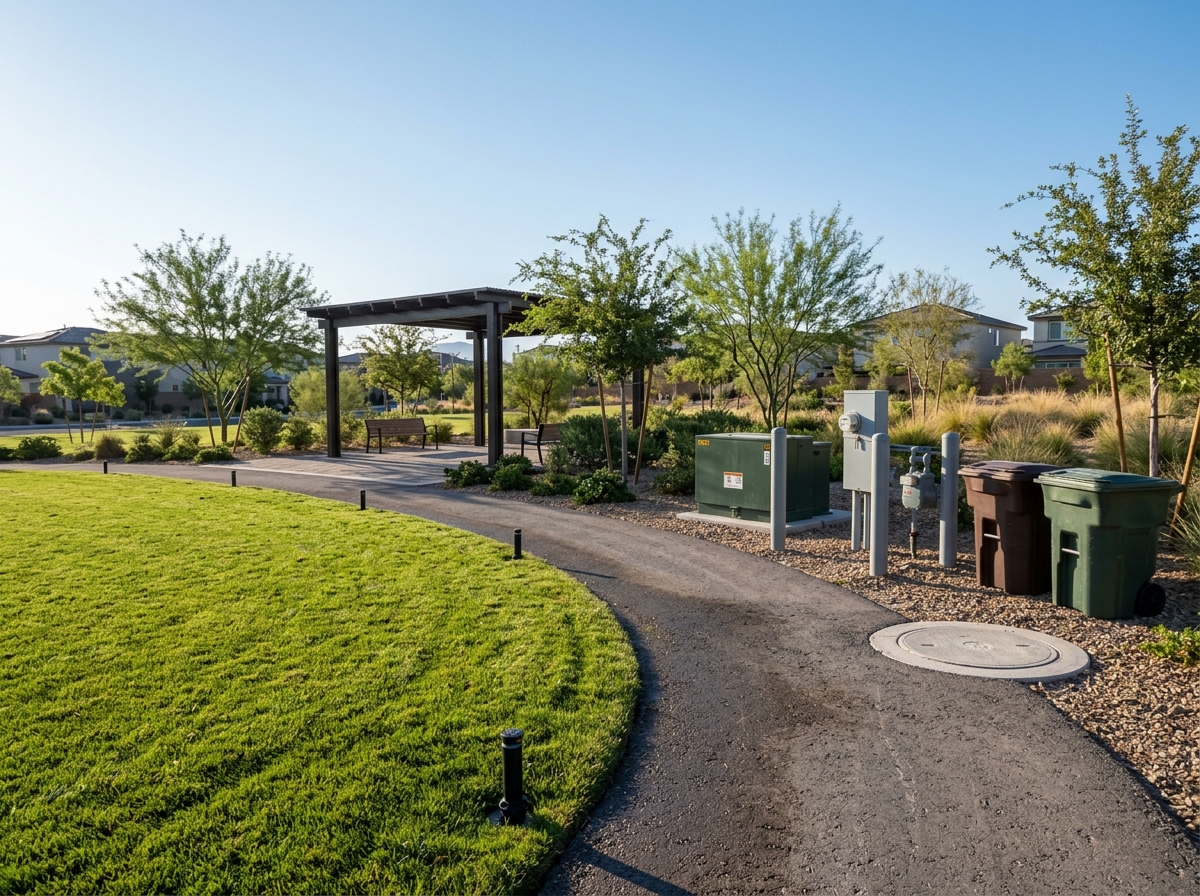 Community amenity in a Las Vegas master-planned neighborhood showing utility meter boxes, water shut-off valve cover, electrical transformer cabinet, trash and recycling bins, park lawn irrigation heads, shade structure, walking trail, young desert trees.