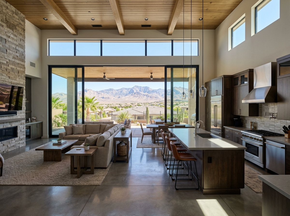 Interior of a Las Vegas home showing open-concept great room with kitchen island, quartz countertops, stainless appliances, tall multi-slide glass doors, desert master-plan community and mountains beyond.