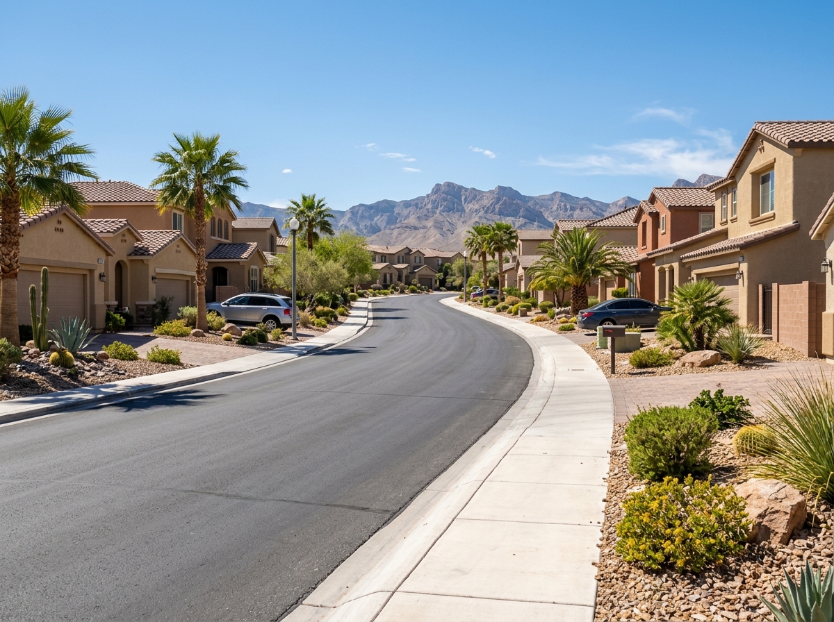 Street-level view along a Las Vegas residential street showing single-story and two-story stucco homes, tile roofs, xeriscaped front yards with desert plants and rock mulch, paved driveways, curving sidewalk, palm trees and desert shrubs, mountain backdrop.