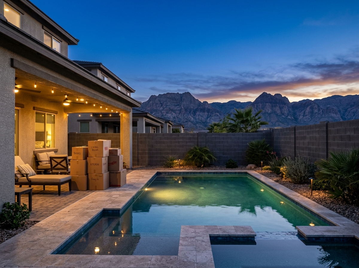 Backyard of a Las Vegas home showing moving boxes stacked on patio, pool, covered patio, block wall, desert mountains.