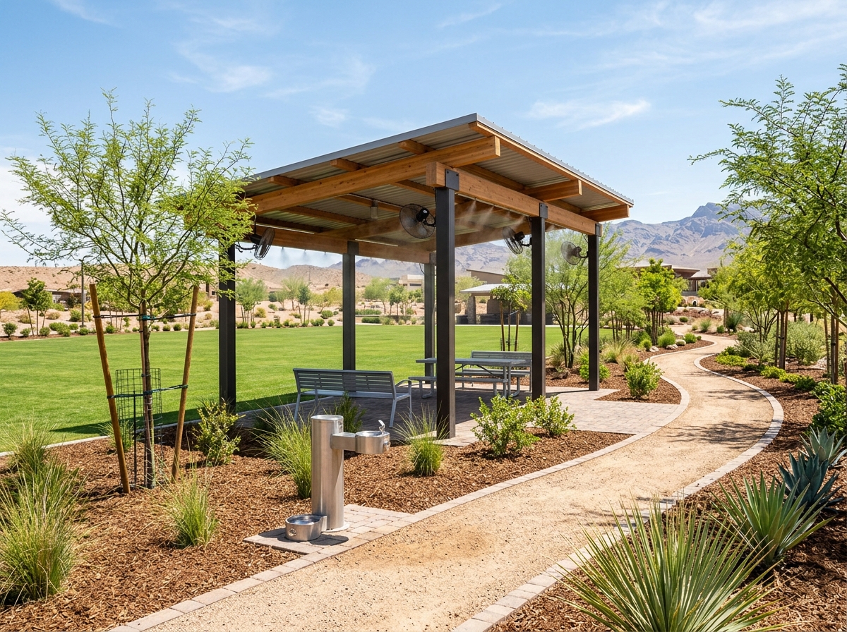 Community amenity in a Las Vegas master-planned neighborhood showing shade pavilion, misting fans, park lawn, walking trail, young desert trees with support stakes, mulched planting beds, drinking fountain.