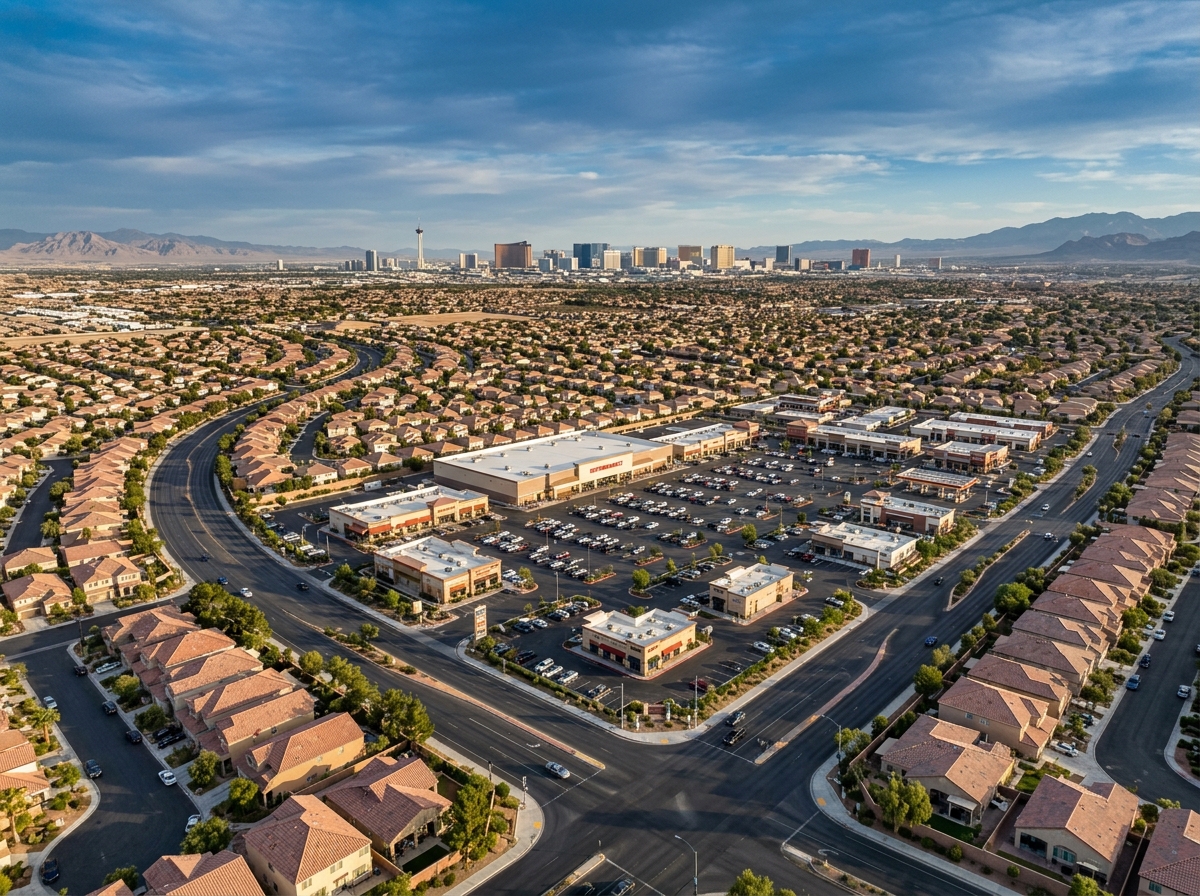 Aerial view over a Las Vegas valley neighborhood showing suburban grocery store plaza with supermarket anchor, fast-food and casual-dining outparcels, and shopping center parking lot amid tile-roofed residential blocks.