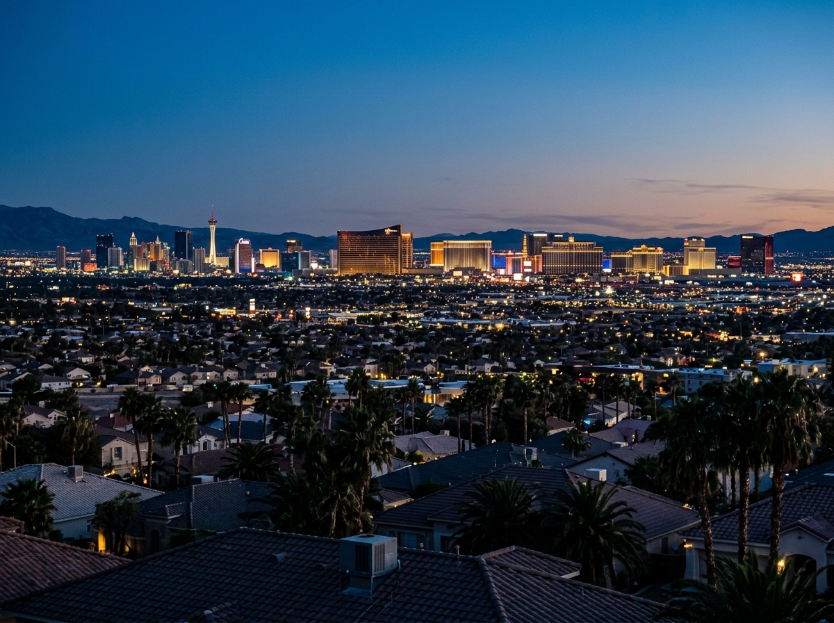 The Las Vegas skyline seen across the valley, showing Las Vegas Strip skyline and downtown towers, suburban rooftops and palm trees, residential neighborhood foreground.