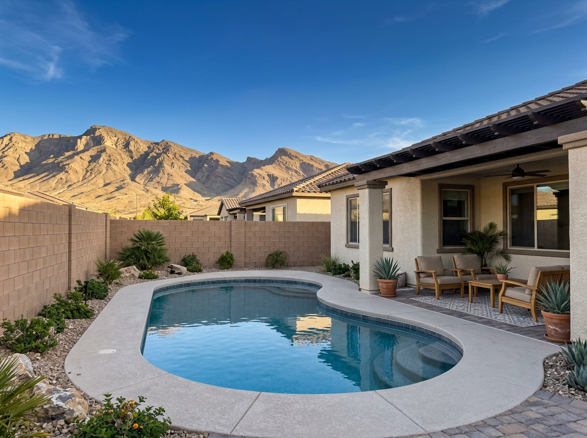 Backyard of a Las Vegas home showing mid-size kidney-shaped pool, covered patio with tile flooring, stucco block wall, single-story tract home facade, desert mountain range.