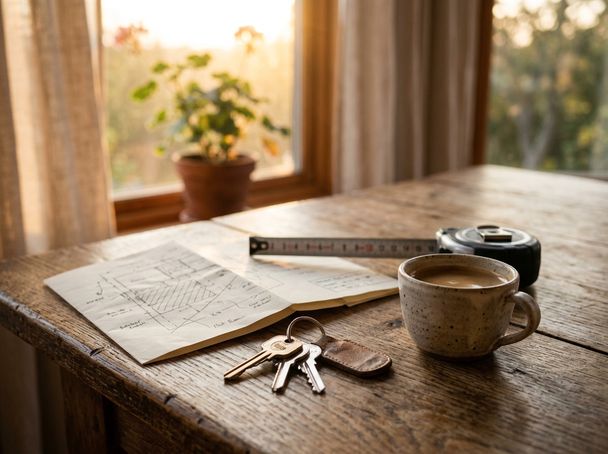 Close-up of house keys and paperwork on a table showing house keys, folded site plan, tape measure, coffee cup.
