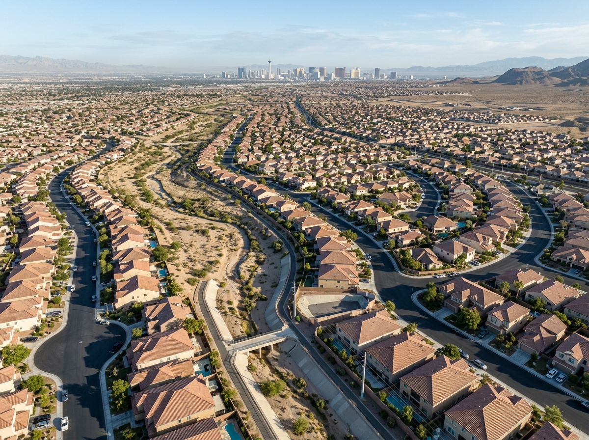 Aerial view over a Las Vegas valley neighborhood showing desert wash channels and retention basins cutting through curving suburban streets, tile rooftops, storm drain grates, low-lying cul-de-sacs near a dry arroyo.