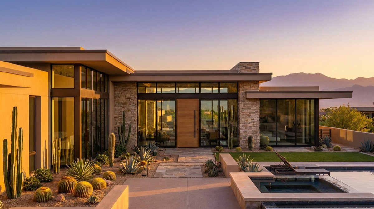 A modern desert-contemporary Las Vegas home at golden hour