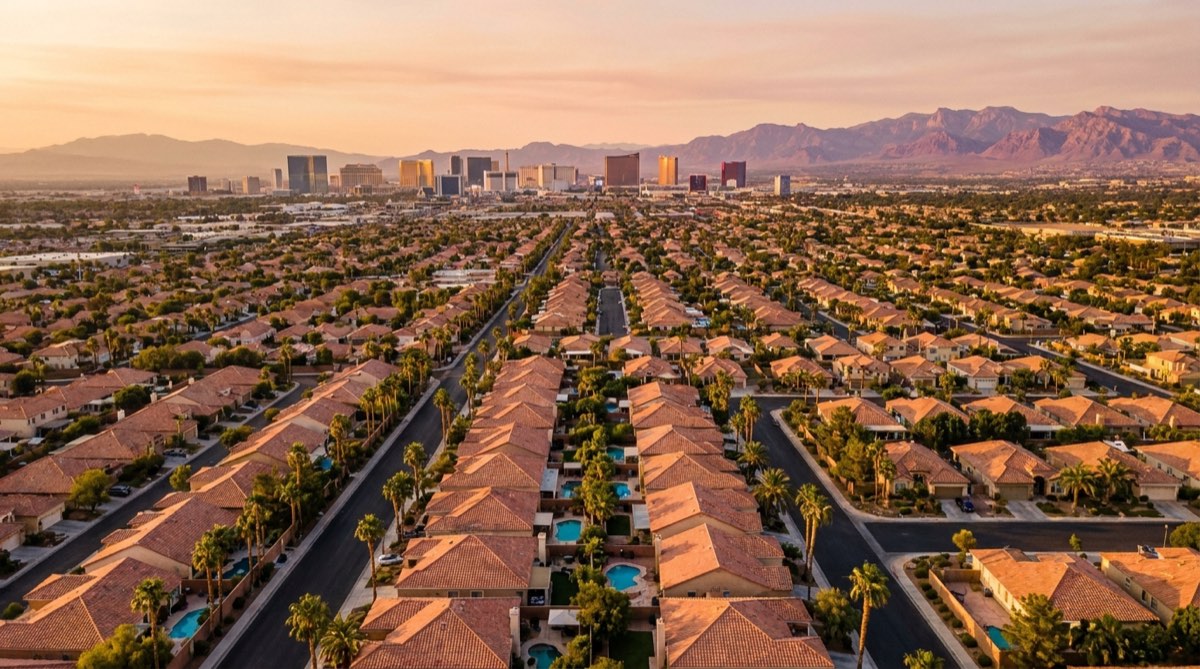 Golden-hour view over Las Vegas neighborhoods toward the Strip